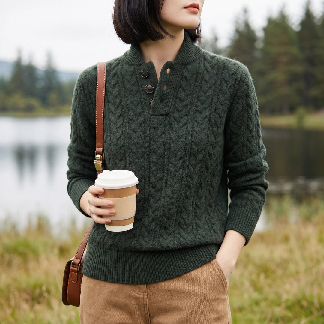 Clementine Cable Knit Henley Sweater - Olive Green