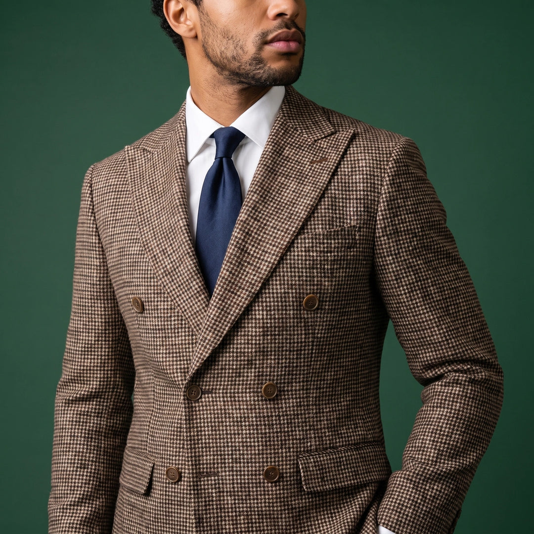Conrad Houndstooth Double Breasted Blazer - Brown