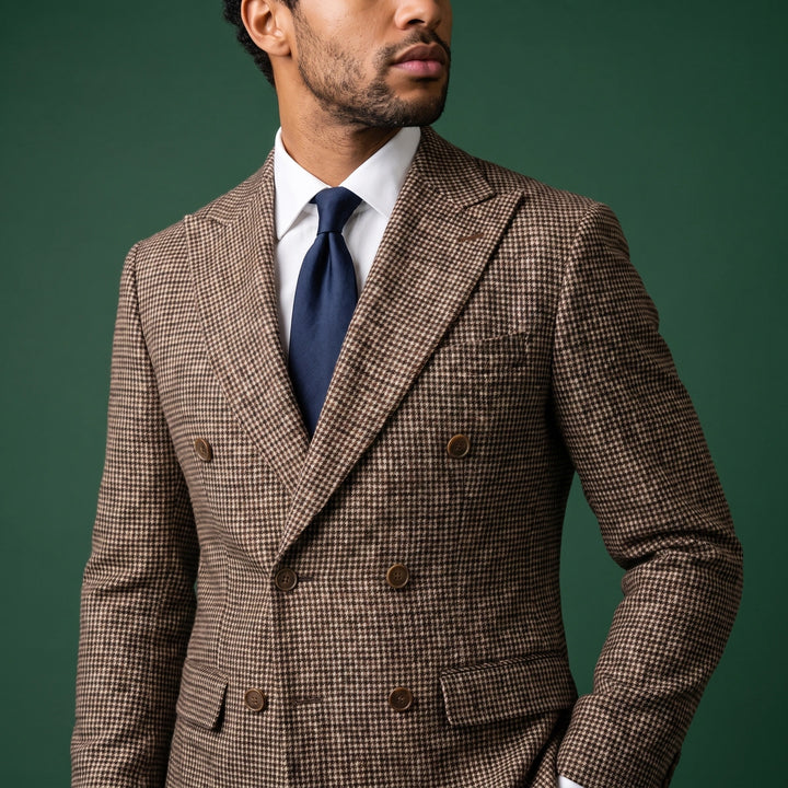 Conrad Houndstooth Double Breasted Blazer - Brown