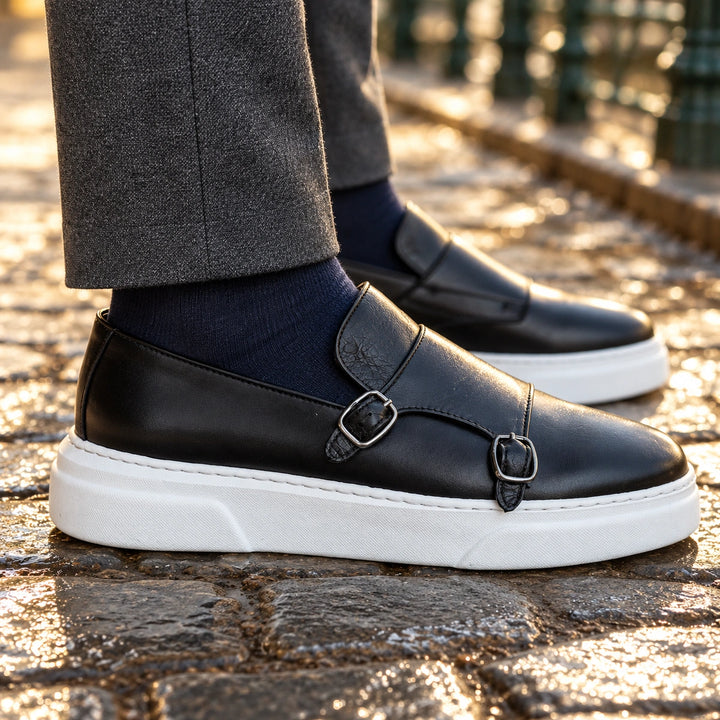 Conway Leather Double Monk Strap Loafers - Black