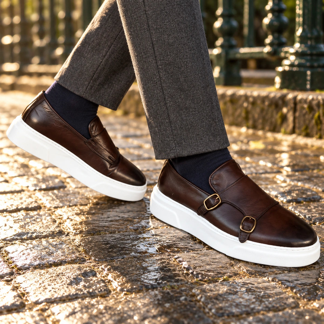 Conway Leather Double Monk Strap Loafers - Brown