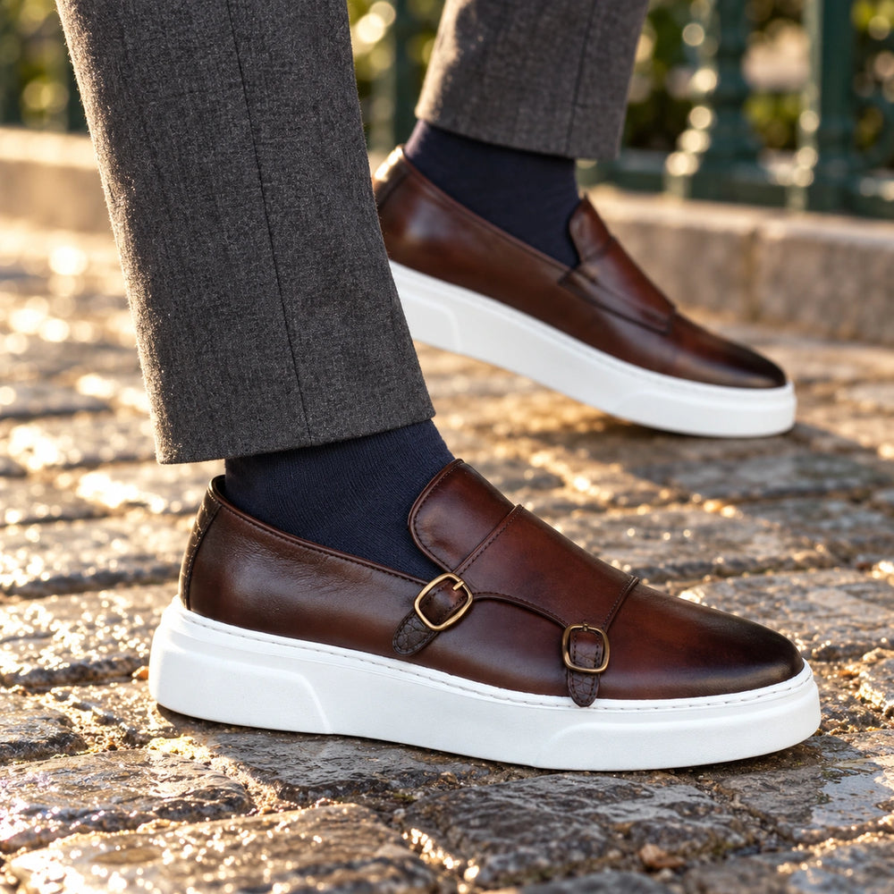 Conway Leather Double Monk Strap Loafers - Brown