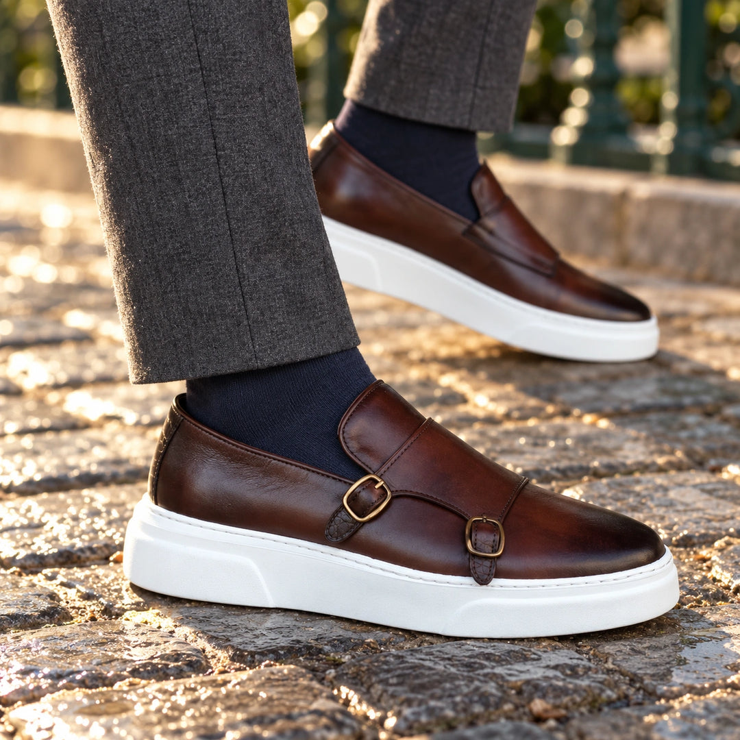 Conway Leather Double Monk Strap Loafers - Brown