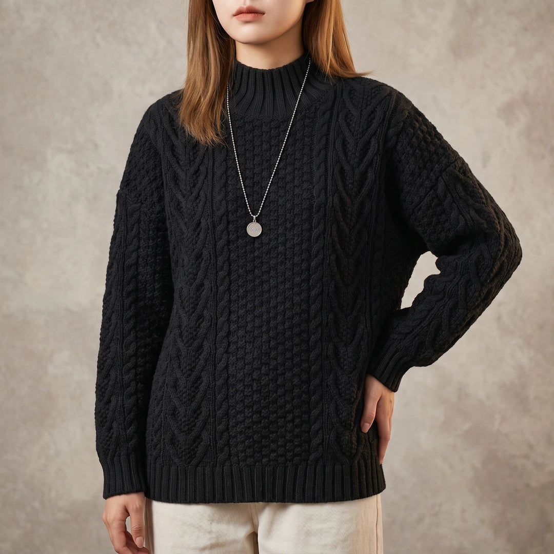 Cressida Chunky Cable Mock Neck Sweater - Black