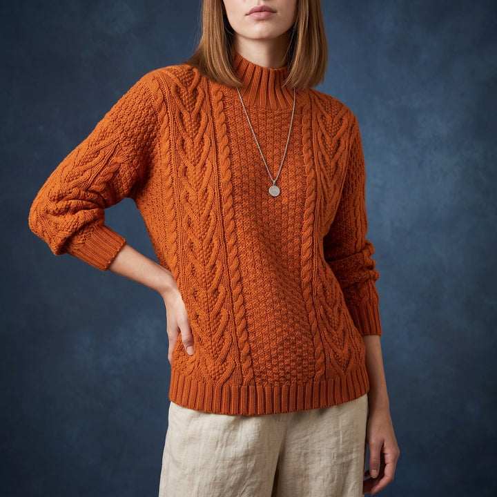 Cressida Chunky Cable Mock Neck Sweater - Orange