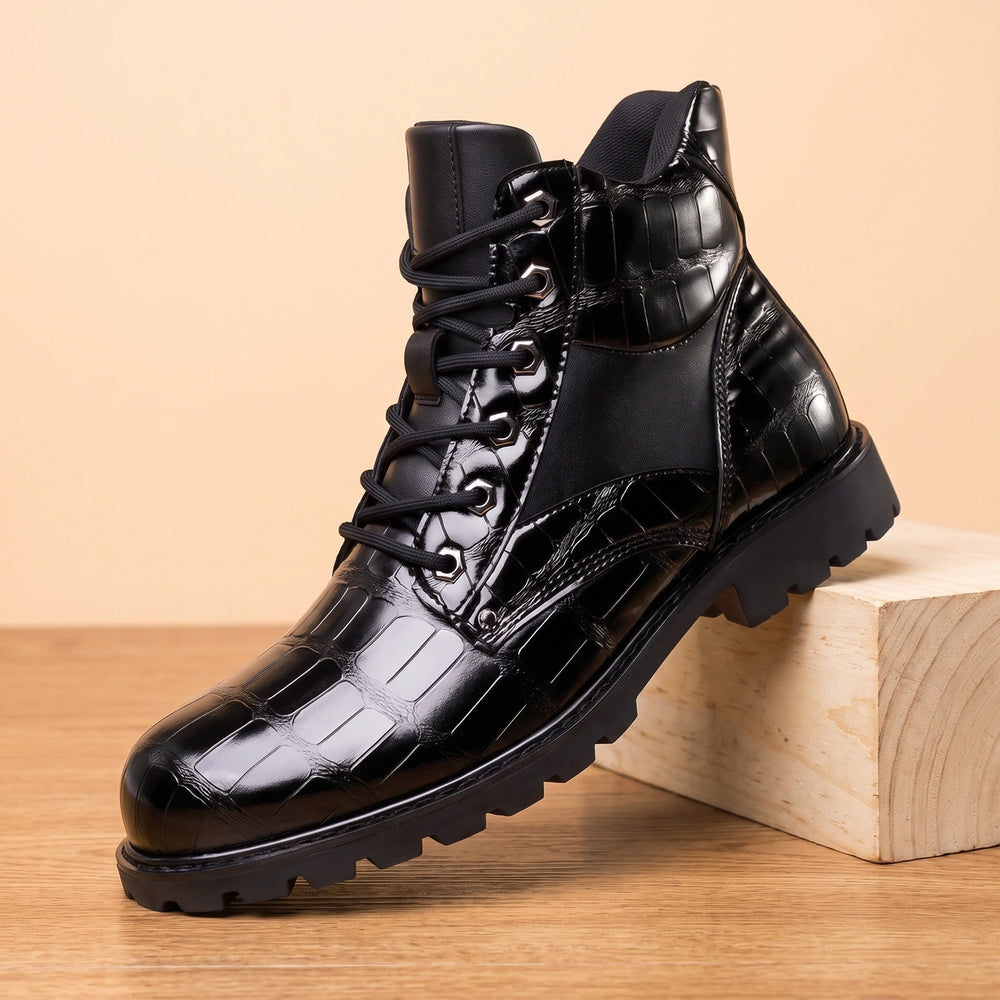 Darius Genuine Leather Croc Panel Lug Boots - Black