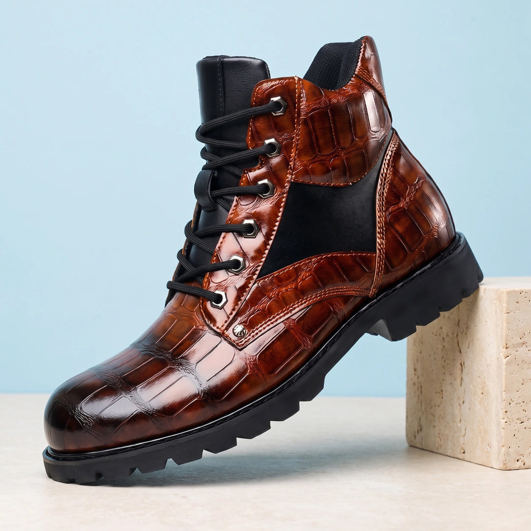 Darius Genuine Leather Croc Panel Lug Boots - Brown