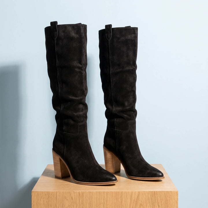 Delia Slouchy Suede Knee High Boots - Black