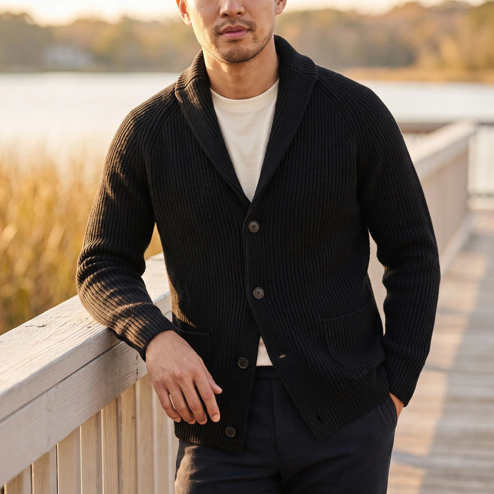 Desmond Ribbed Shawl Collar Cardigan - Black