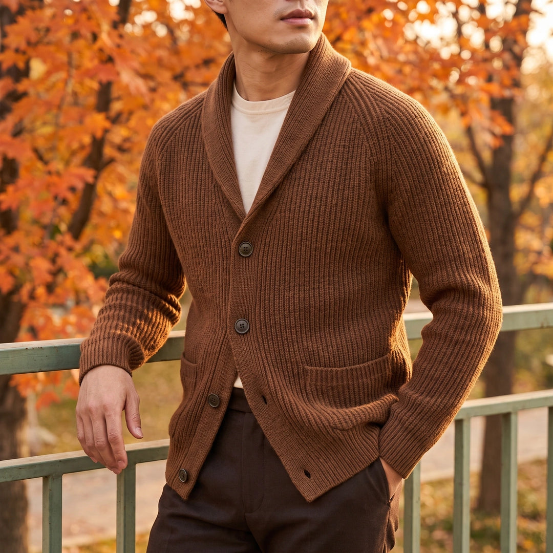 Desmond Ribbed Shawl Collar Cardigan - Brown