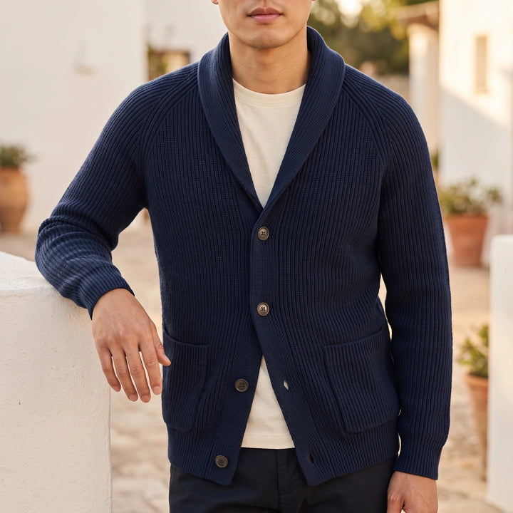 Desmond Ribbed Shawl Collar Cardigan - Navy