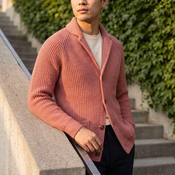 Desmond Ribbed Shawl Collar Cardigan - Salmon