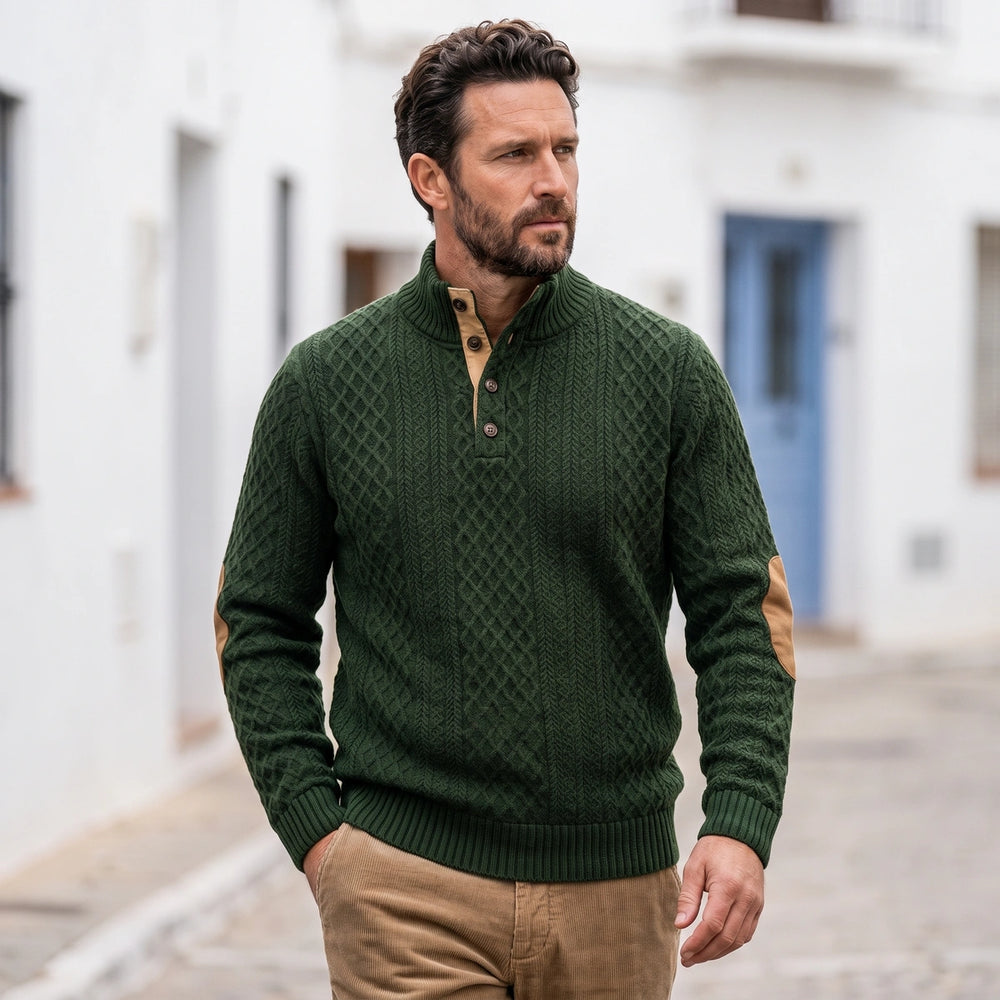Desmondo Cable Knit Button Stand Collar Sweater - Army Green