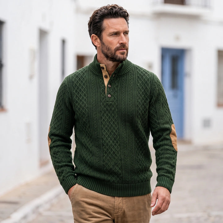 Desmondo Cable Knit Button Stand Collar Sweater - Army Green