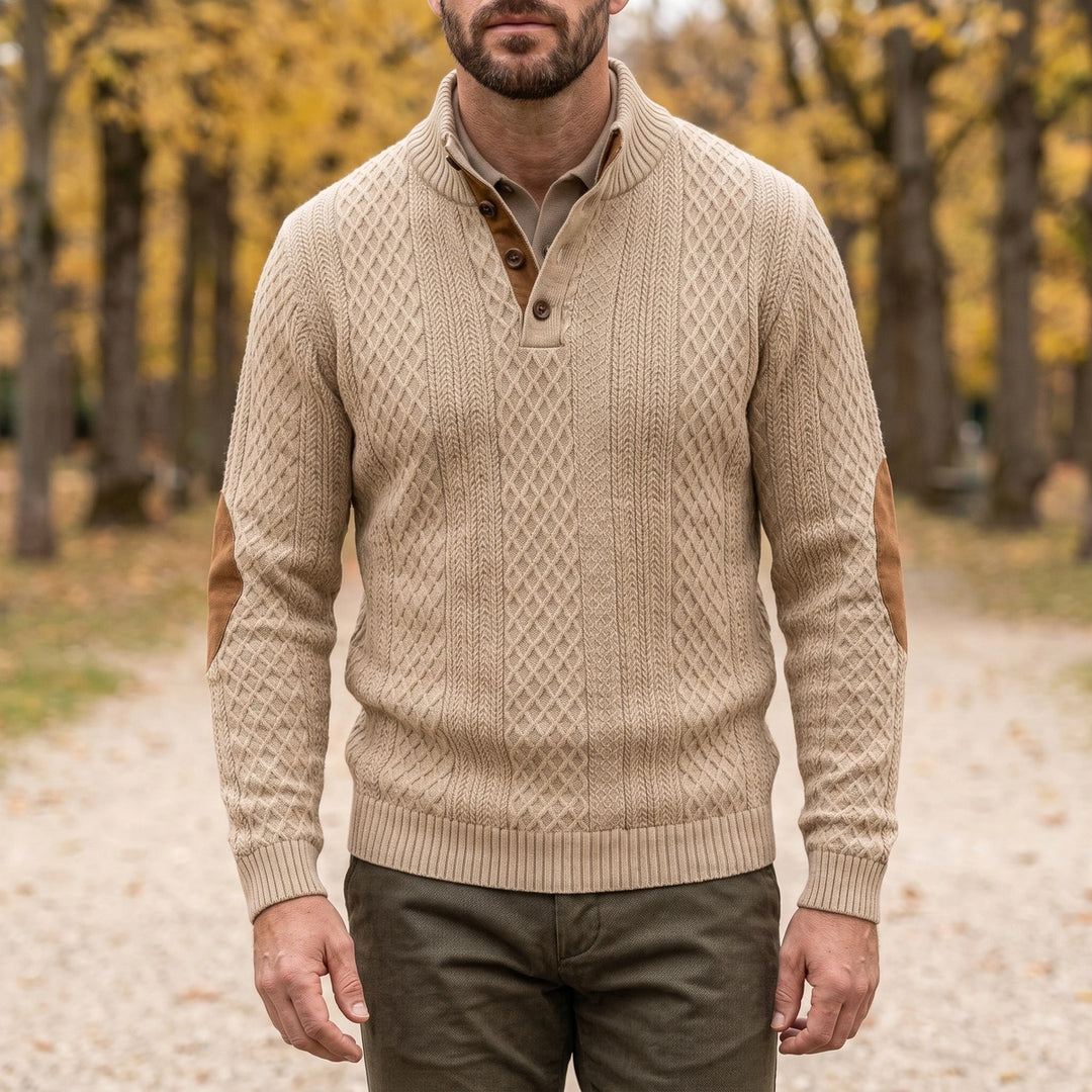 Desmondo Cable Knit Button Stand Collar Sweater - Beige