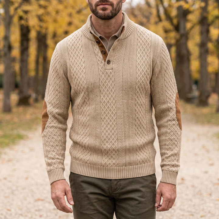Desmondo Cable Knit Button Stand Collar Sweater - Beige