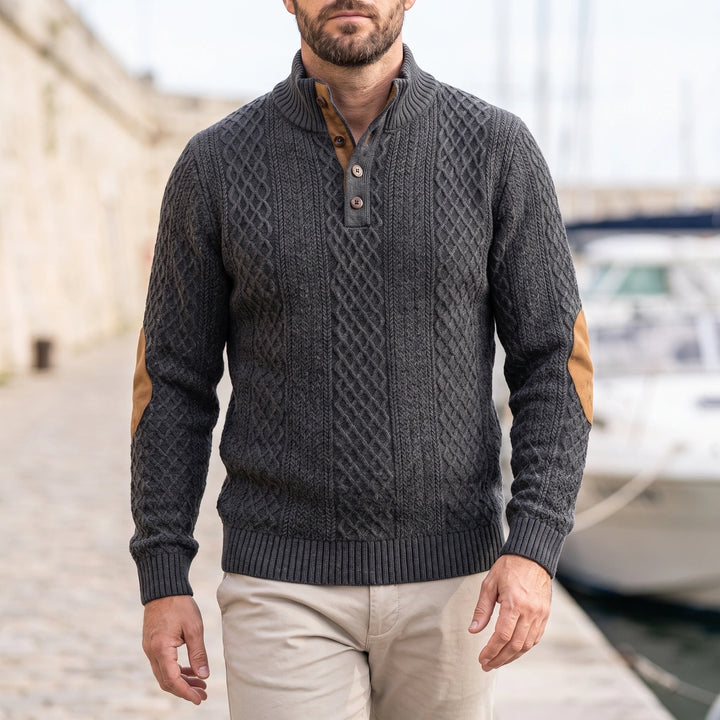 Desmondo Cable Knit Button Stand Collar Sweater - Dark Gray