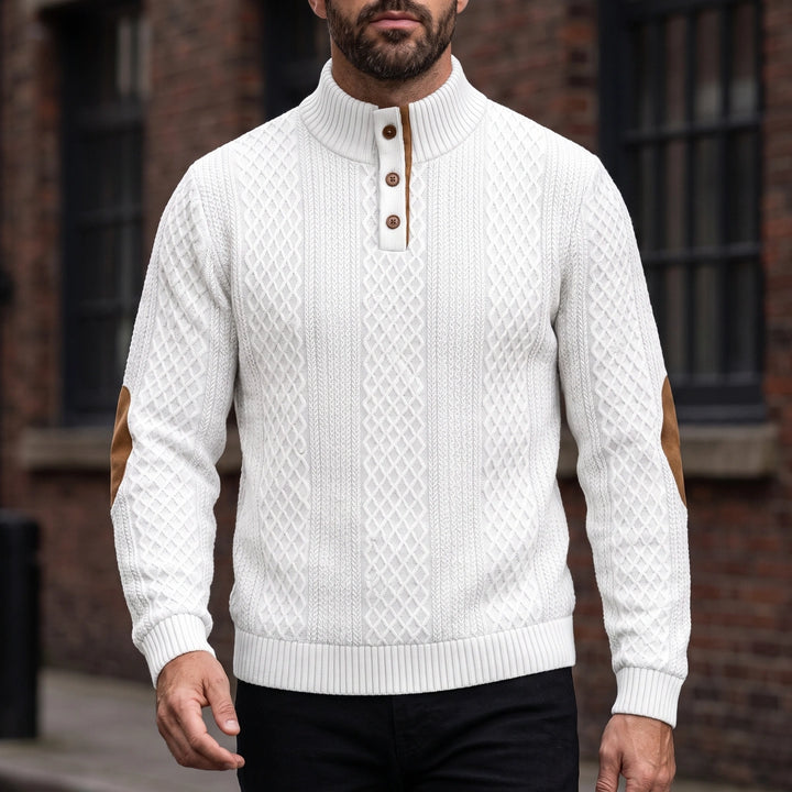 Desmondo Cable Knit Button Stand Collar Sweater - White