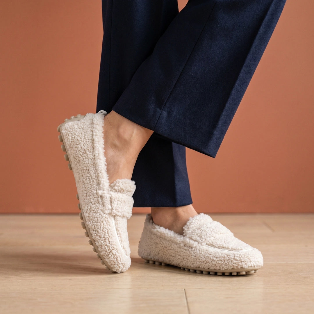 Dorothy Plush Teddy Fleece Nubbed Sole Loafers - Beige