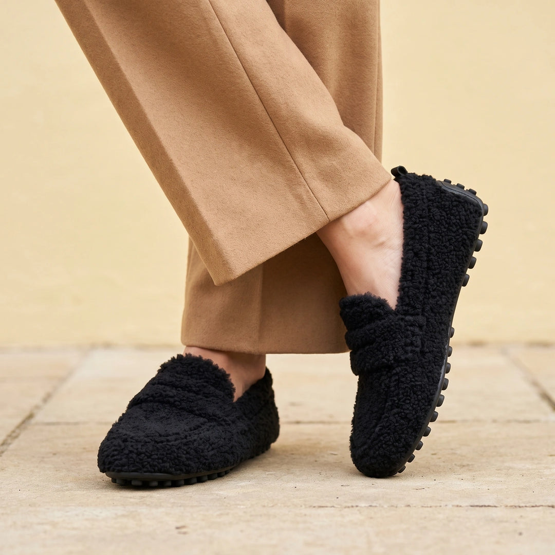 Dorothy Plush Teddy Fleece Nubbed Sole Loafers - Black