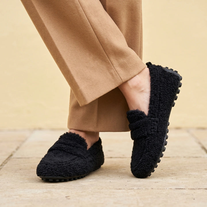 Dorothy Plush Teddy Fleece Nubbed Sole Loafers - Black
