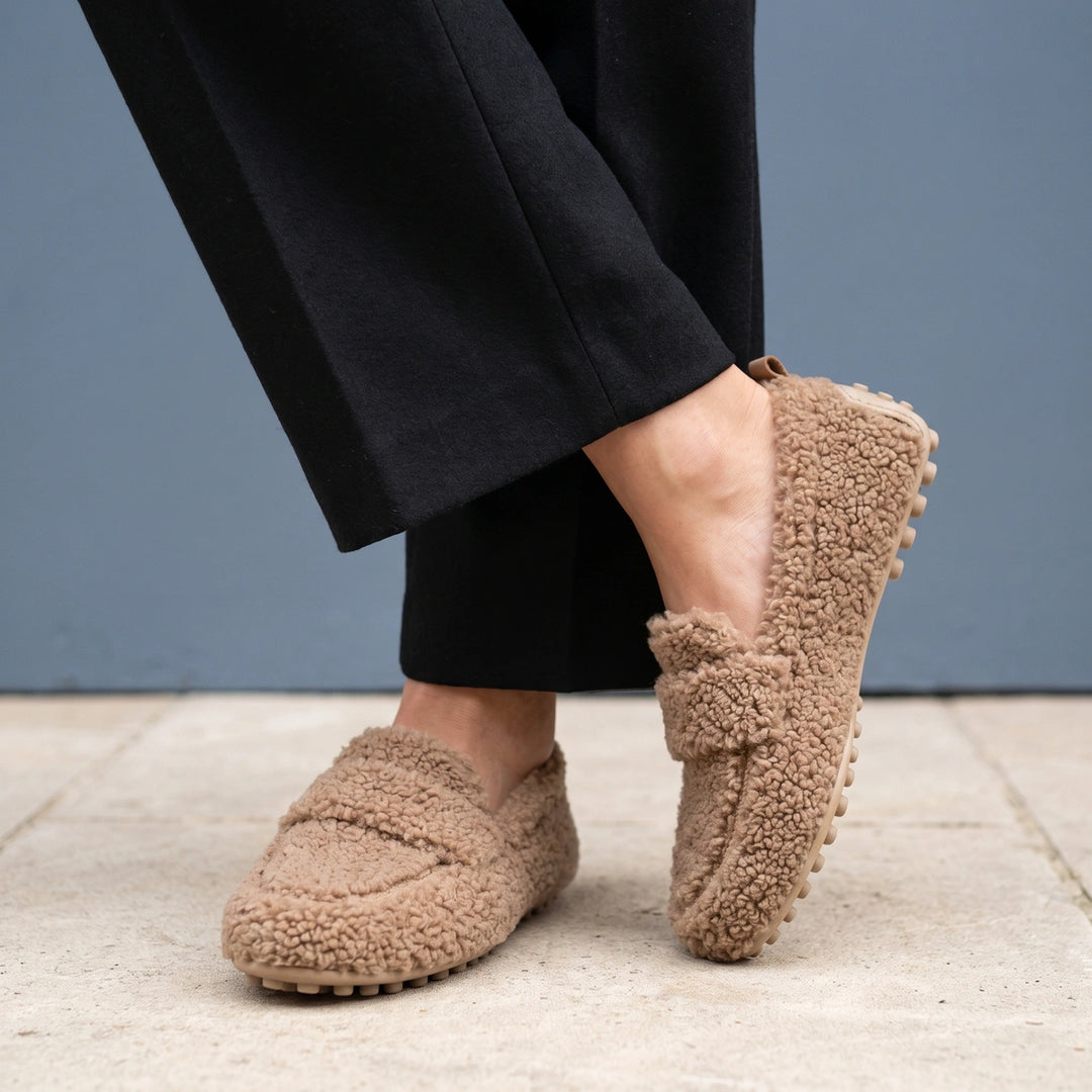 Dorothy Plush Teddy Fleece Nubbed Sole Loafers - Khaki