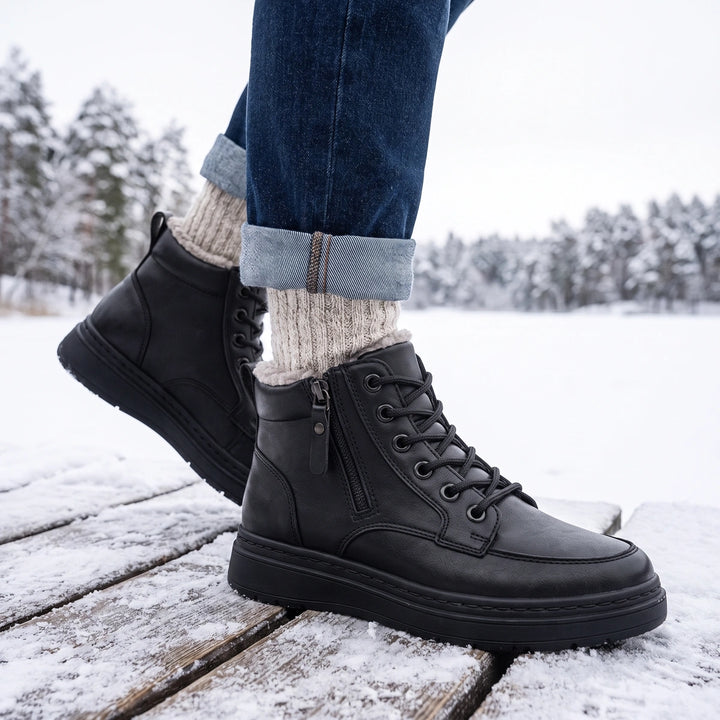 Dunstan Shearling Collar Lace Up Winter Boots - Black