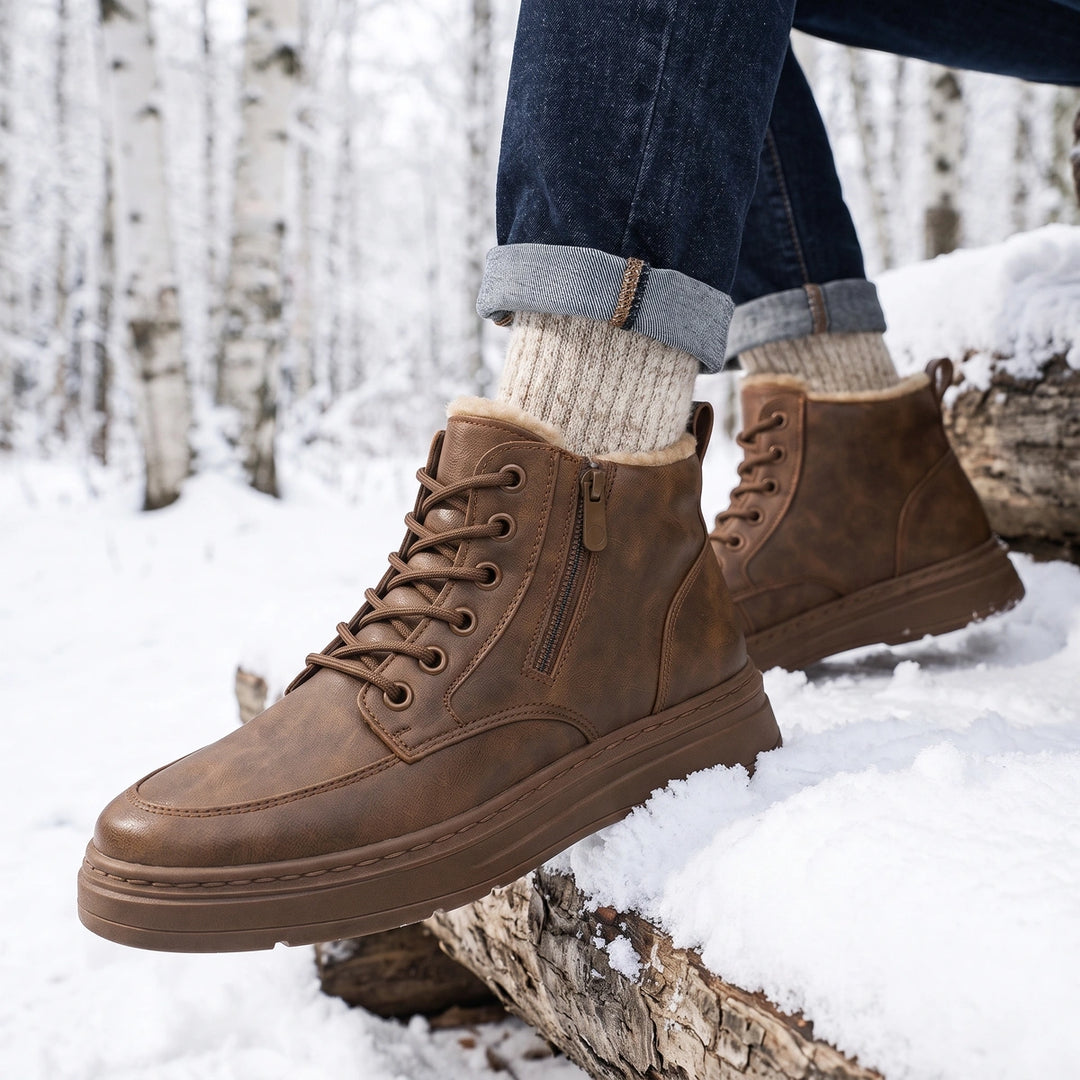 Dunstan Shearling Collar Lace Up Winter Boots - Brown