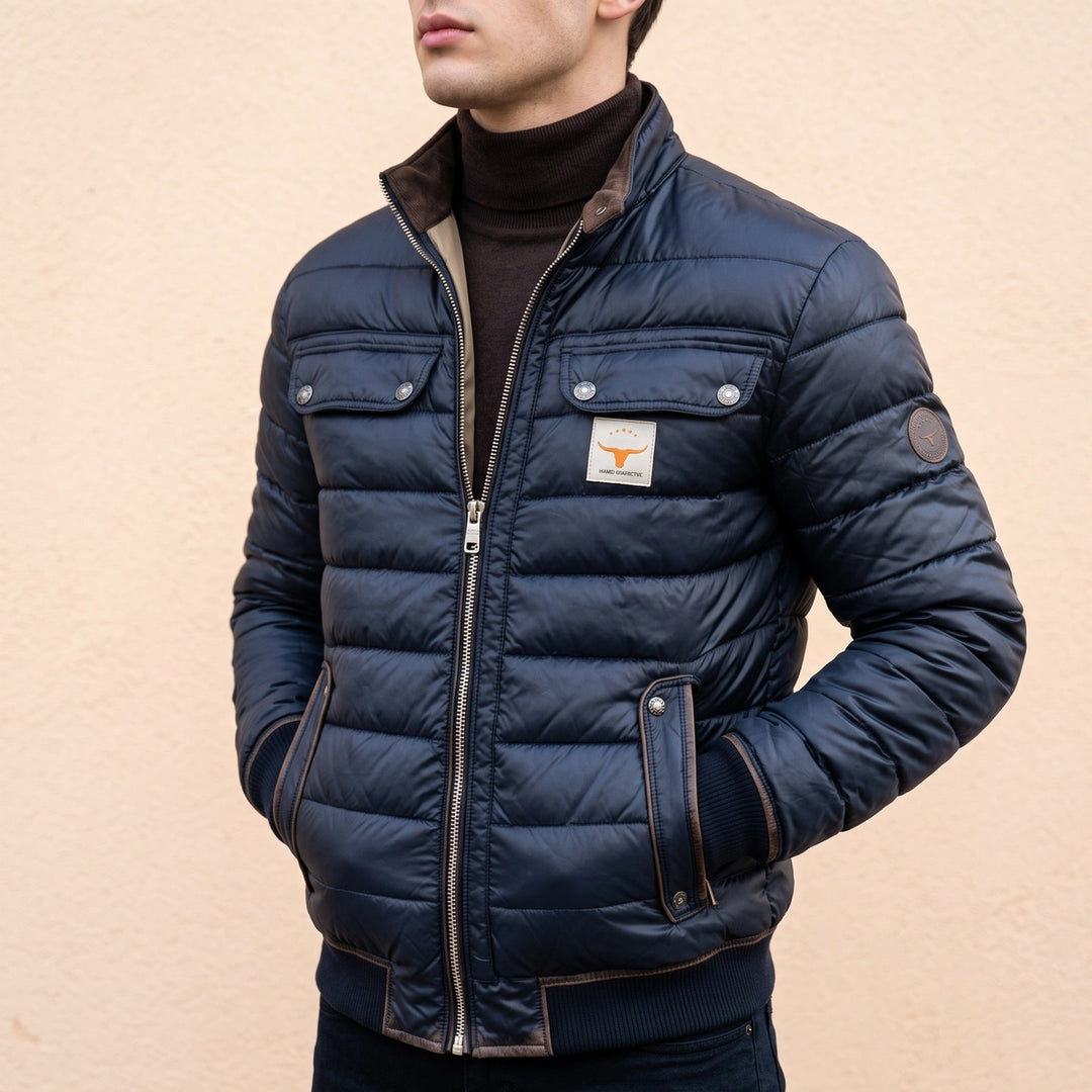 Eamon Workwear Patch Quilted Puffer Bomber - Navy Blue