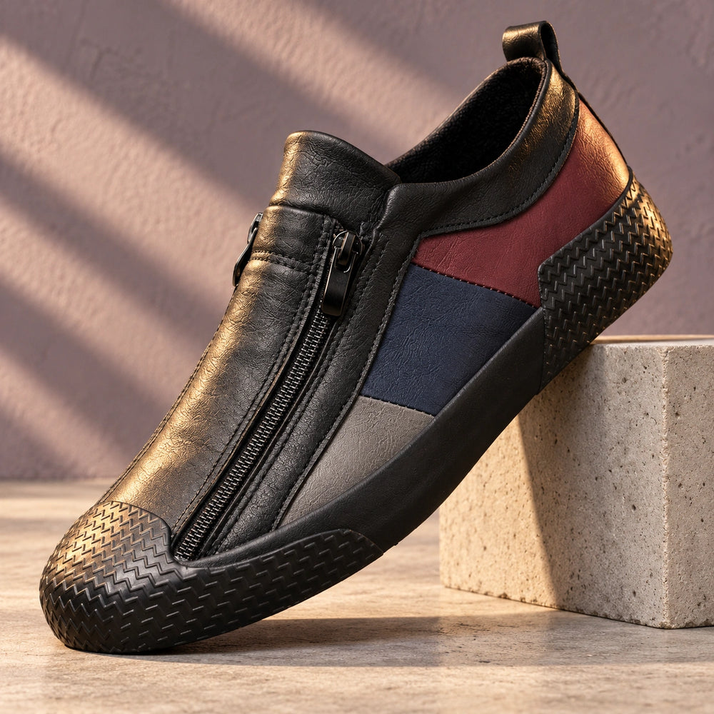 Eddie Handmade Leather Colorblock Zip Sneakers - Black