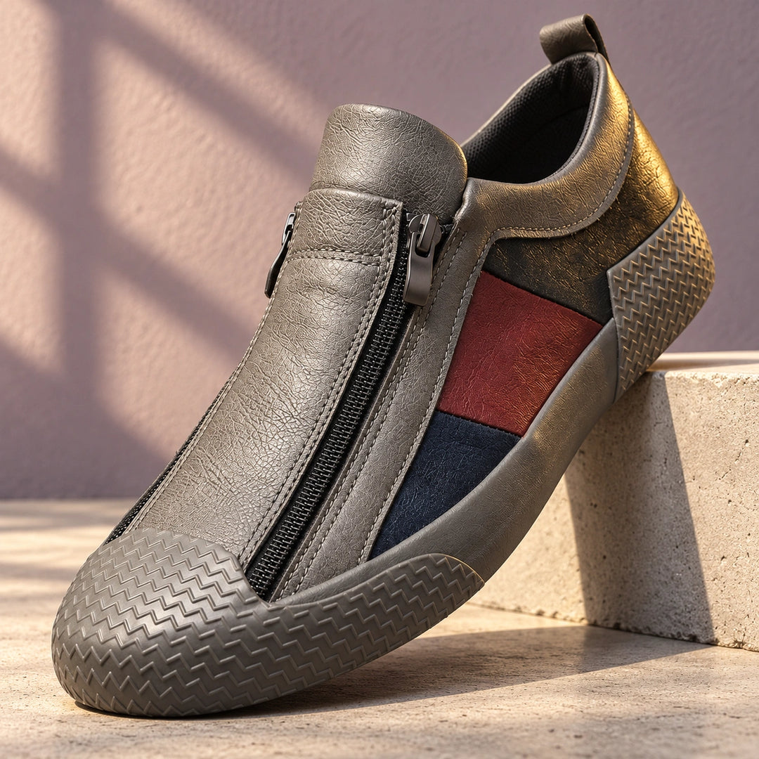 Eddie Handmade Leather Colorblock Zip Sneakers - Gray