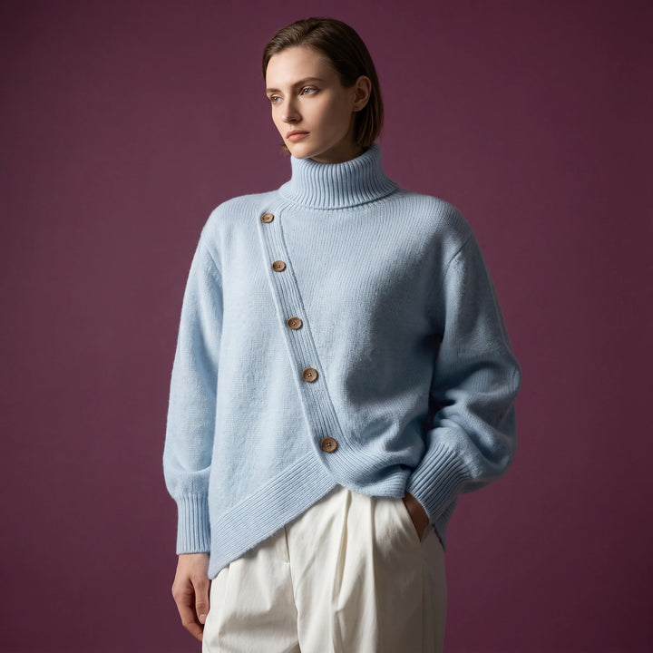 Eira High Neck Asymmetric Button Wrap Sweater - Blue