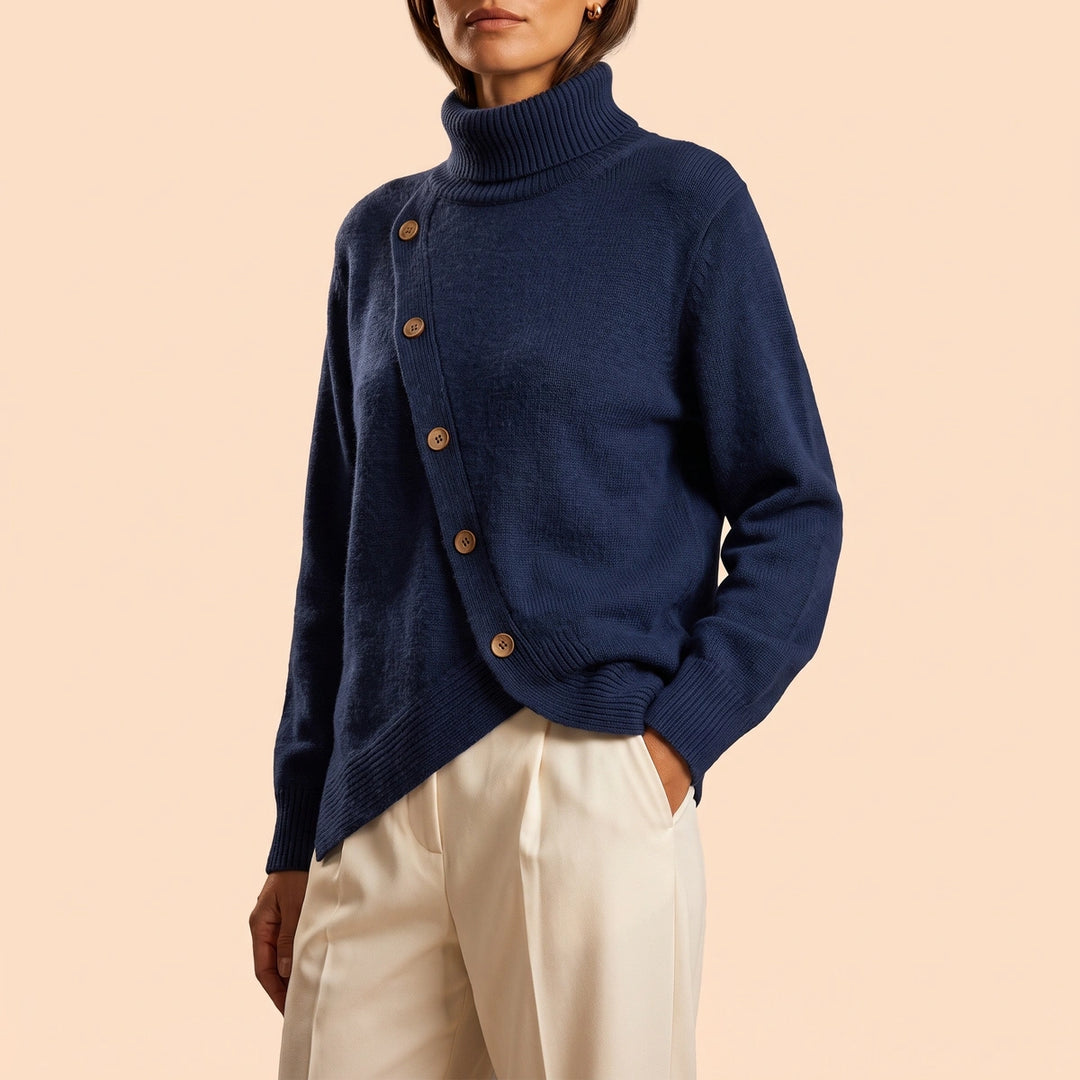 Eira High Neck Asymmetric Button Wrap Sweater - Navy Blue