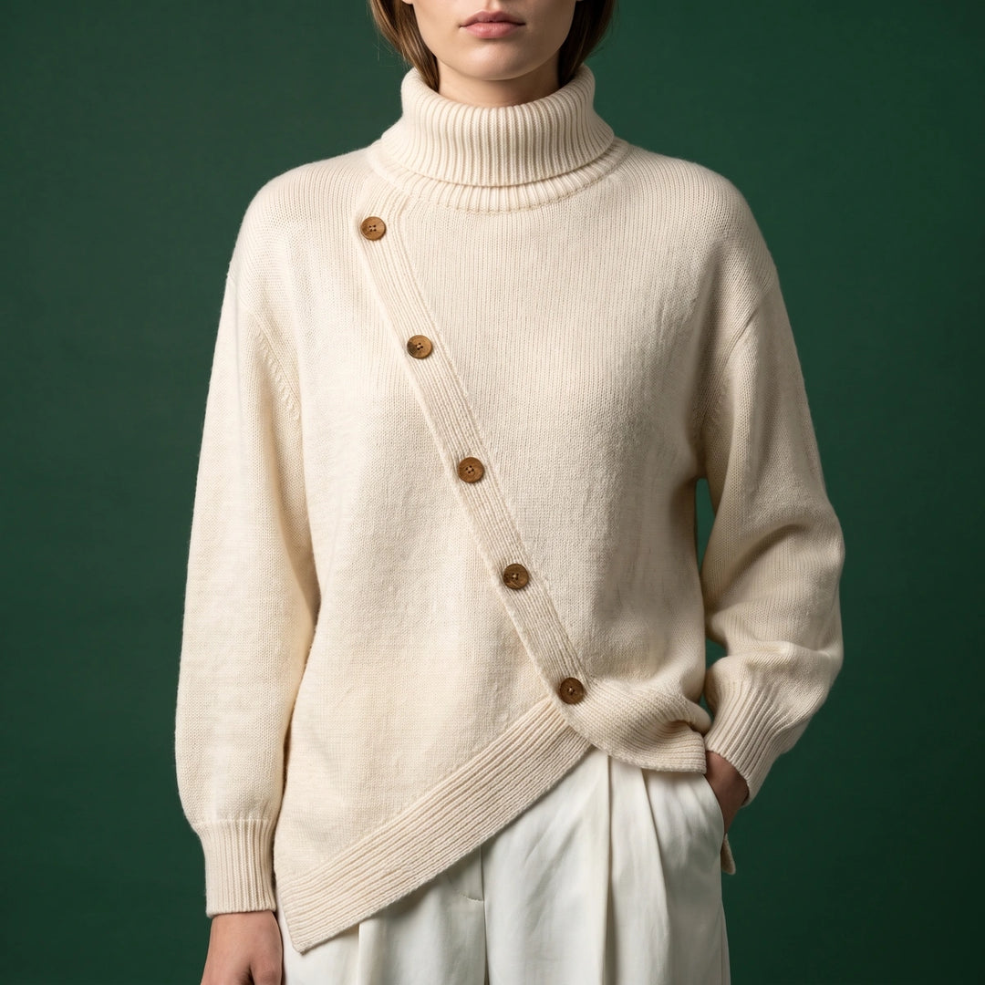 Eira High Neck Asymmetric Button Wrap Sweater - White