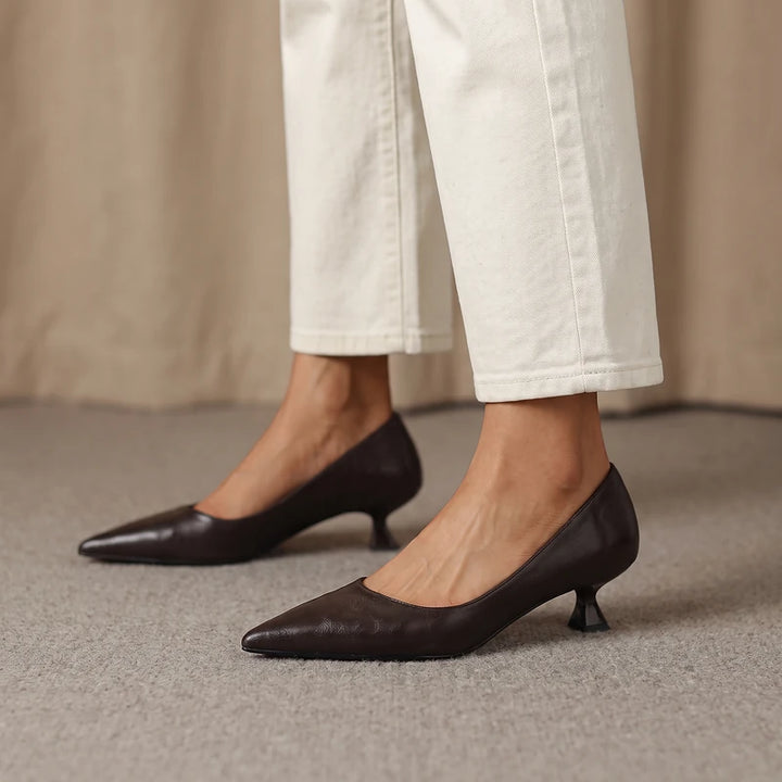 Eugenie Women's Leather Kitten Heels - Brown