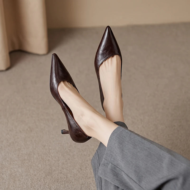 Eugenie Women's Leather Kitten Heels - Brown
