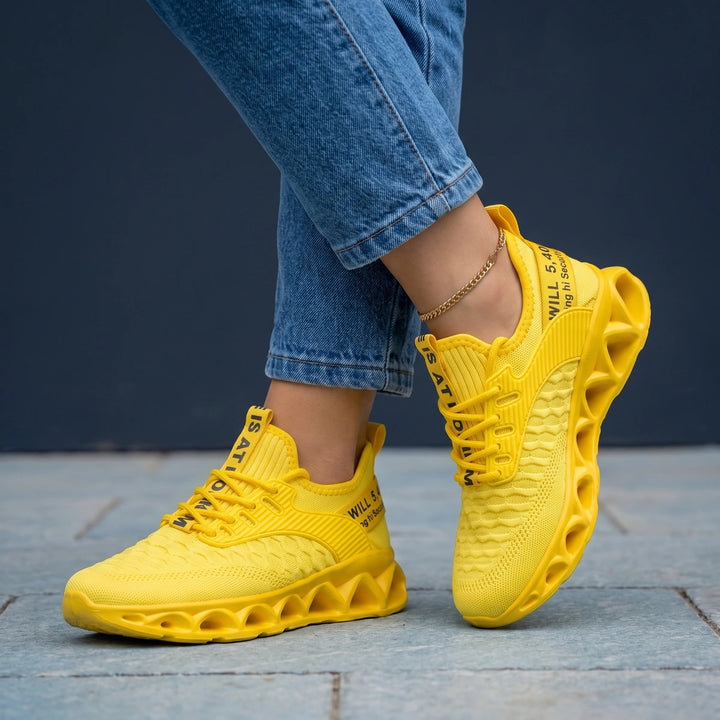 Eliane Wave Sole Knit Lace Up Sneakers - Yellow