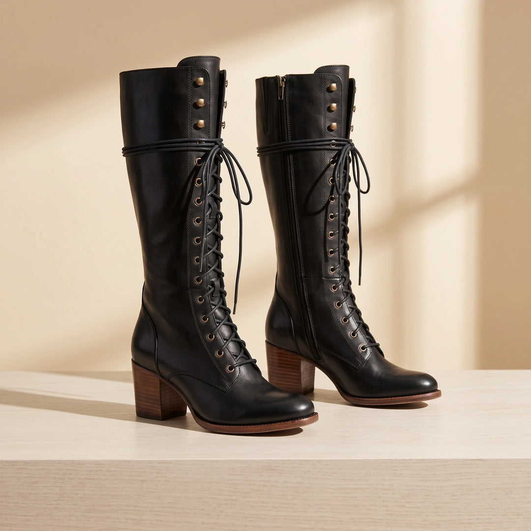 Eliza Lace Up Stacked Heel Knee High Boots - Black