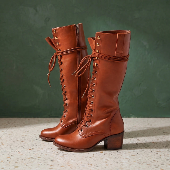 Eliza Lace Up Stacked Heel Knee High Boots - Cognac