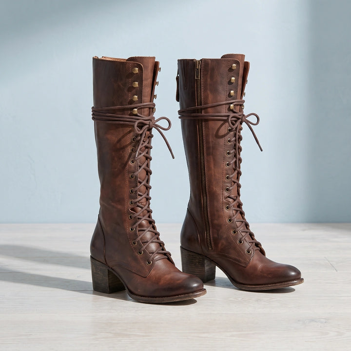 Eliza Lace Up Stacked Heel Knee High Boots - Dark Brown