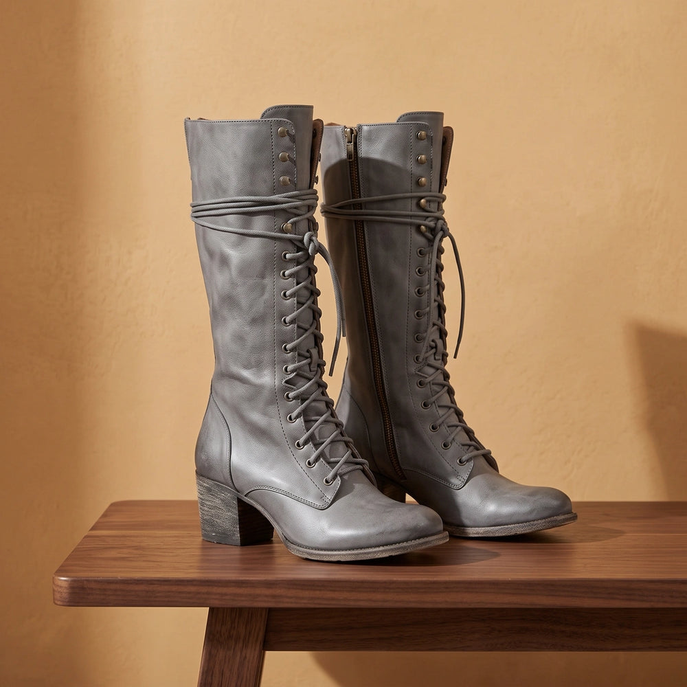 Eliza Lace Up Stacked Heel Knee High Boots - Gray