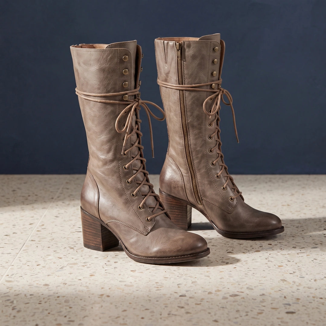 Eliza Lace Up Stacked Heel Knee High Boots - Taupe