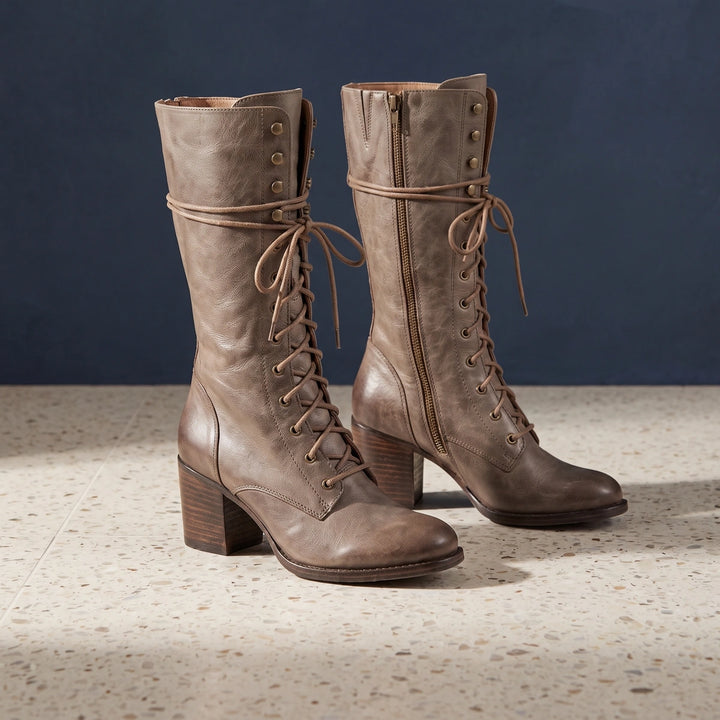 Eliza Lace Up Stacked Heel Knee High Boots - Taupe