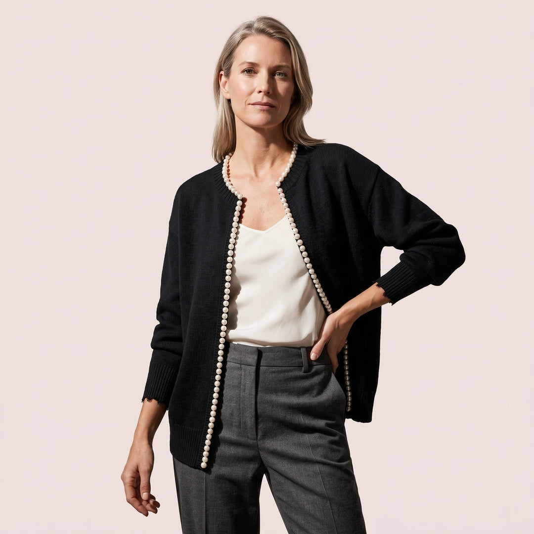 Eloise Pearl Trim Open Cardigan - Black