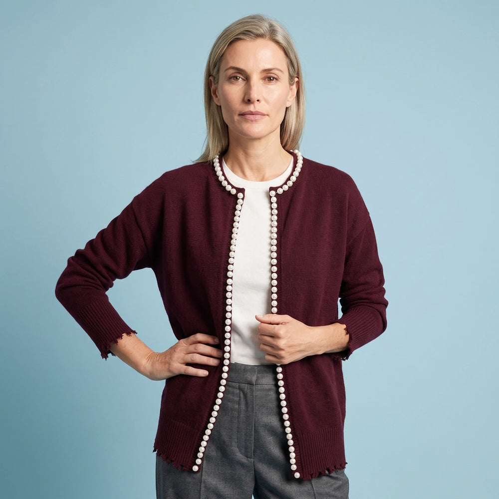 Eloise Pearl Trim Open Cardigan - Burgundy