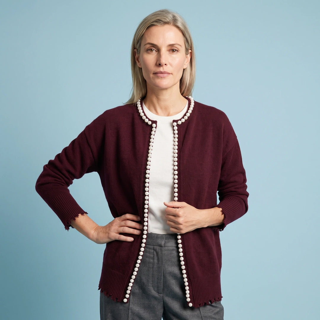 Eloise Pearl Trim Open Cardigan - Burgundy