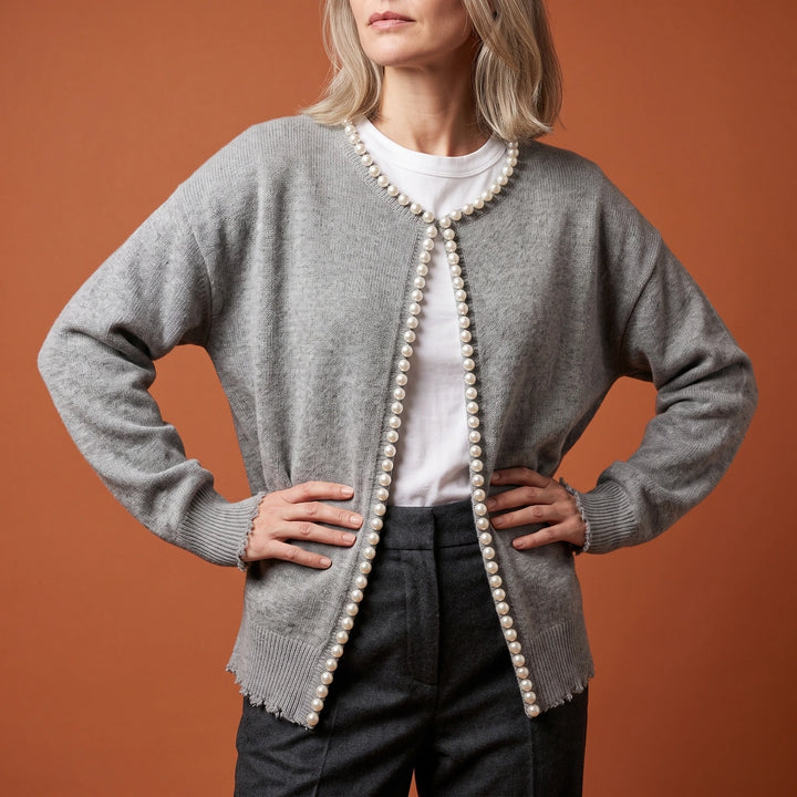 Eloise Pearl Trim Open Cardigan - Gray