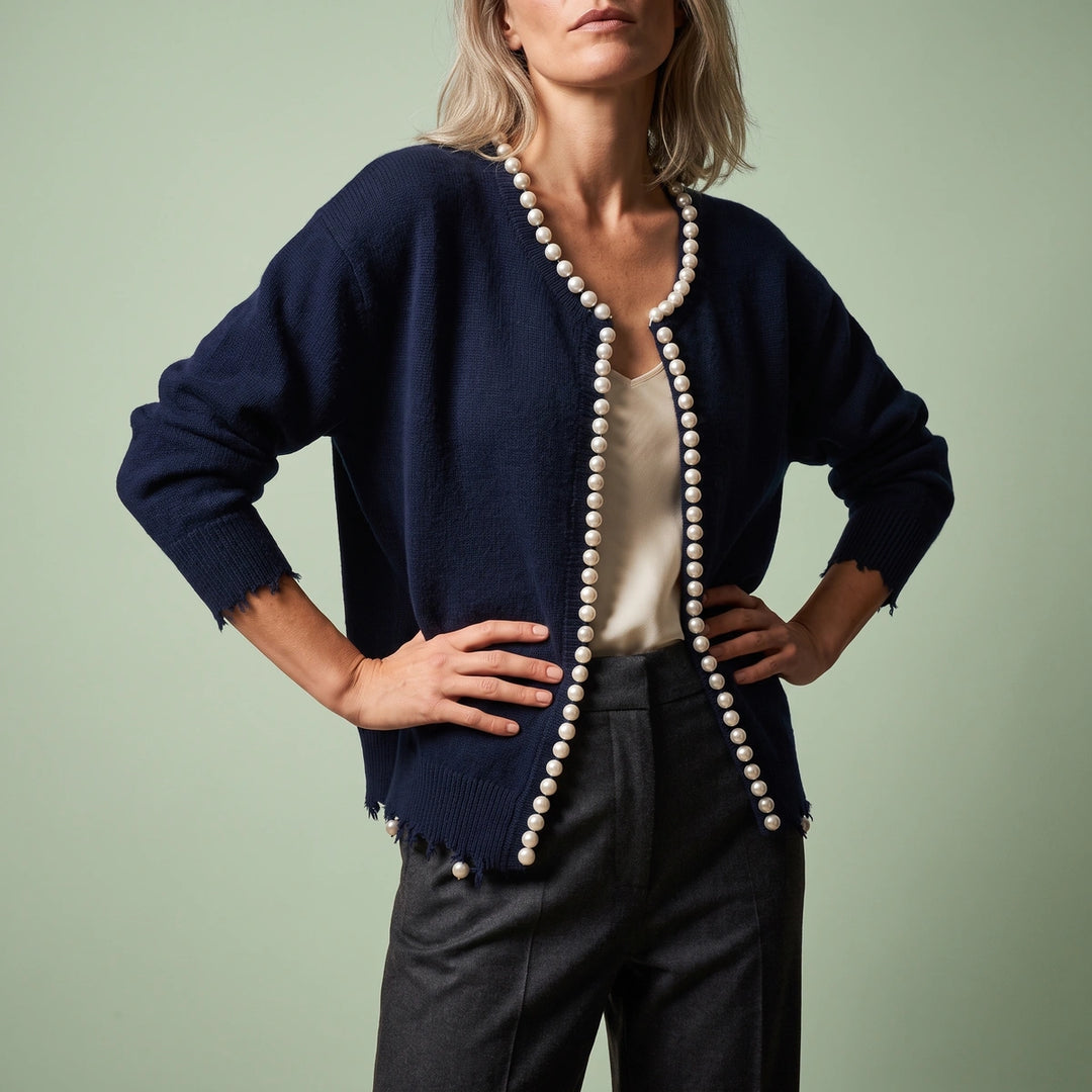 Eloise Pearl Trim Open Cardigan - Navy