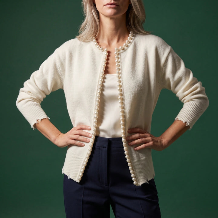 Eloise Pearl Trim Open Cardigan - White