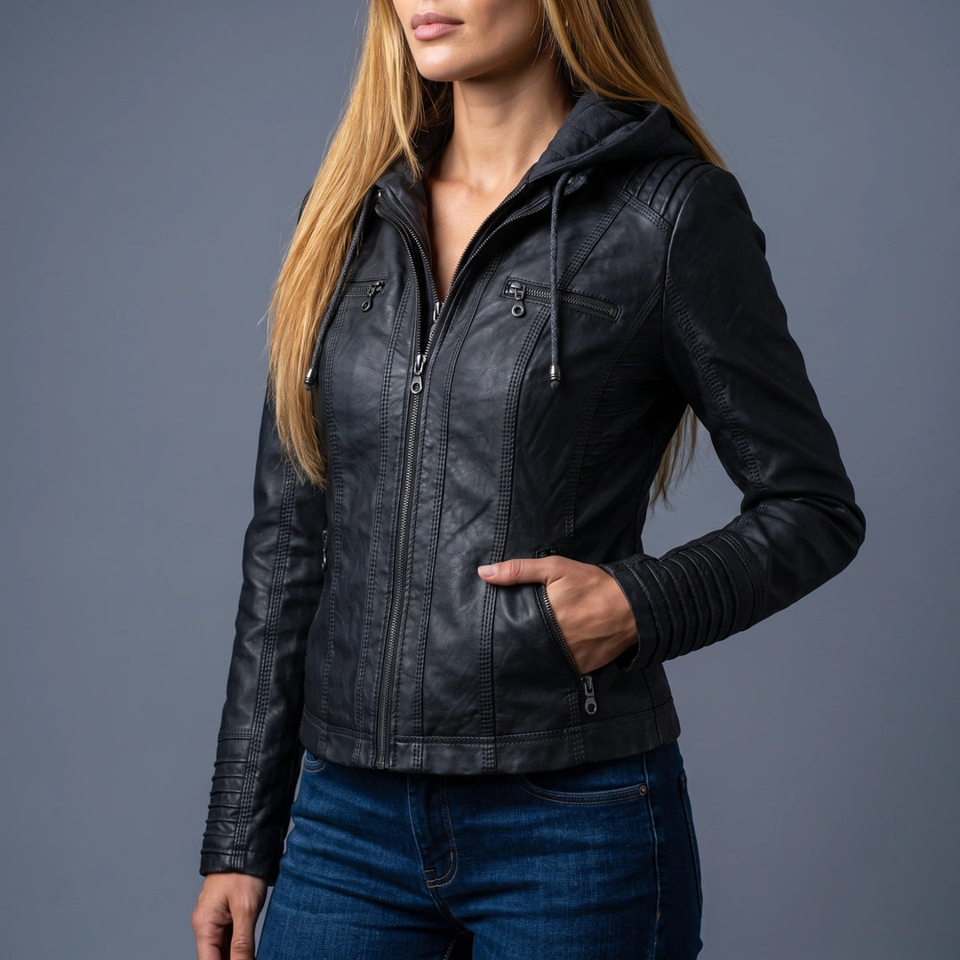 Elowen Hooded Moto Leather Jacket - Black